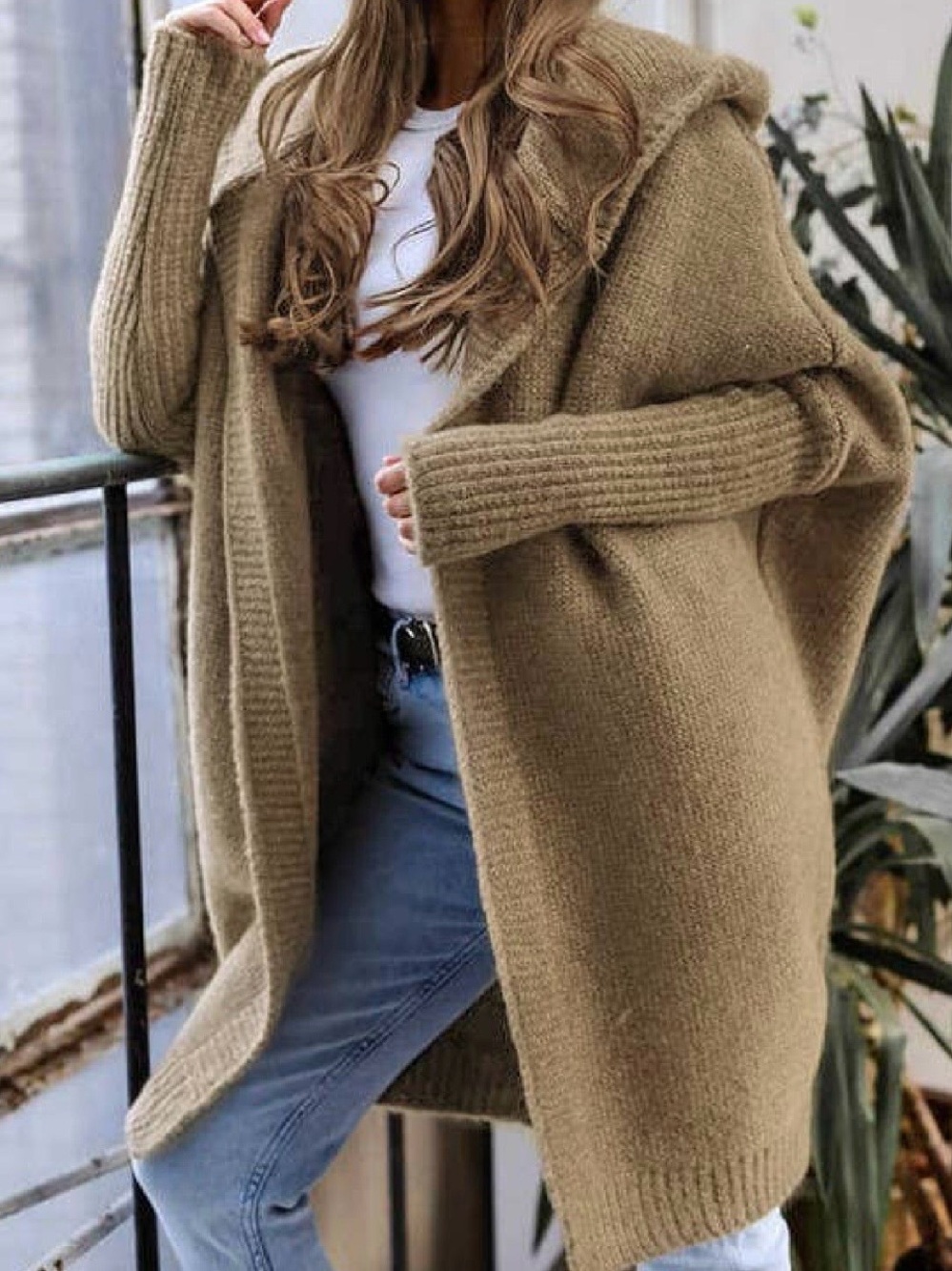 Cozy Open-Front Hooded Women's Cardigan Sweater - Camel